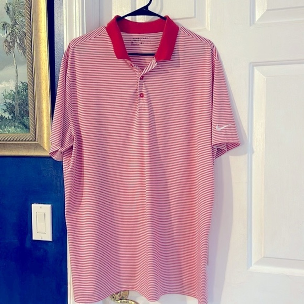 NWOT Men’s Nike Red & White Striped 100% Polyester Short Sleeve Golf Polo Sz XL